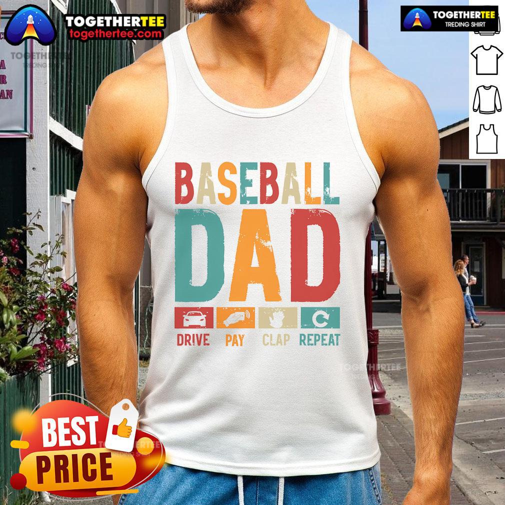 Good Baseball Lover Dad driving with a playful smile, wearing a tank top celebrating Father's Day and his love for baseball.