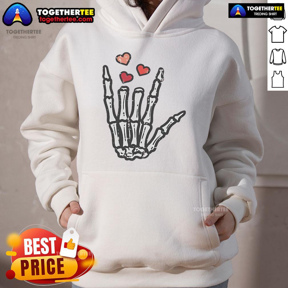 Good Valentine's Day skeleton hand love hoodie design featuring a playful skeleton hand and heart graphic.