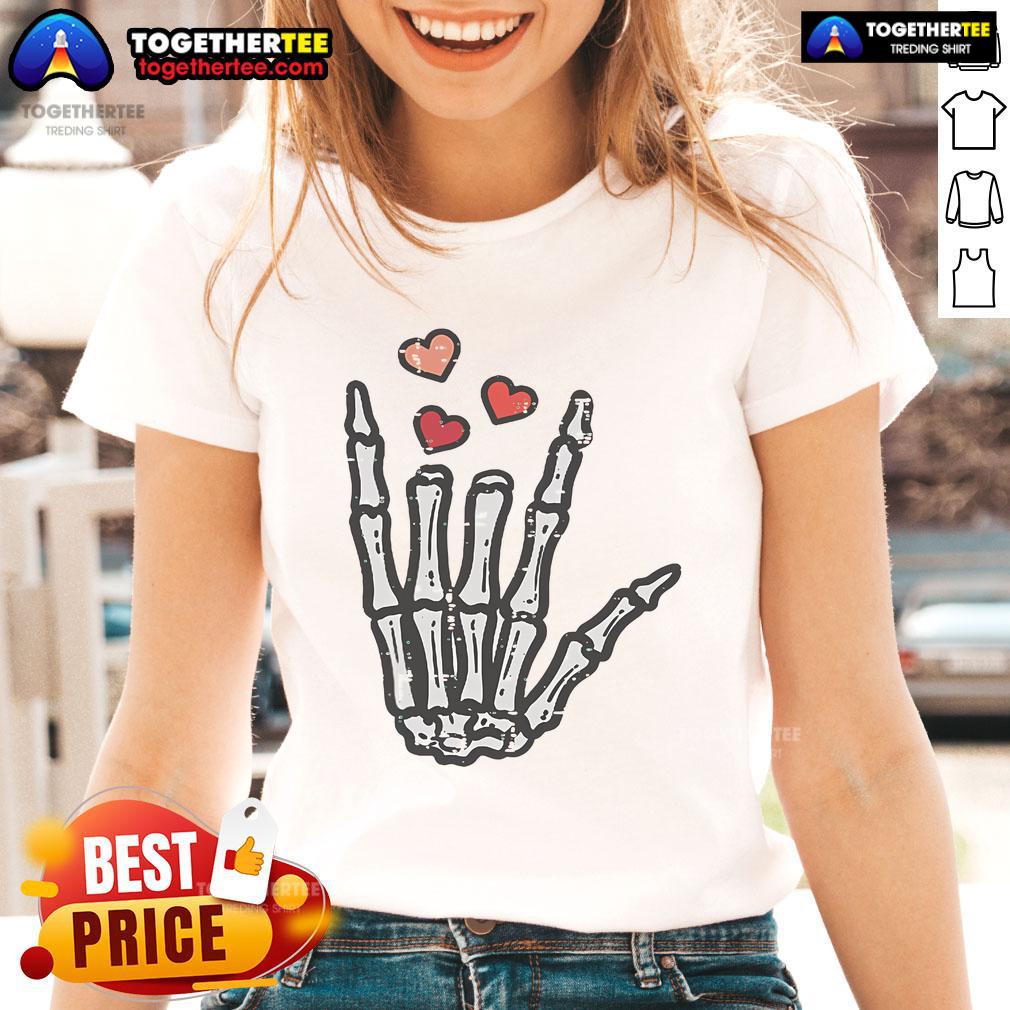 Good Valentine's Day Skeleton Hand Love Ladies Tee featuring a playful design perfect for Halloween-inspired romance.