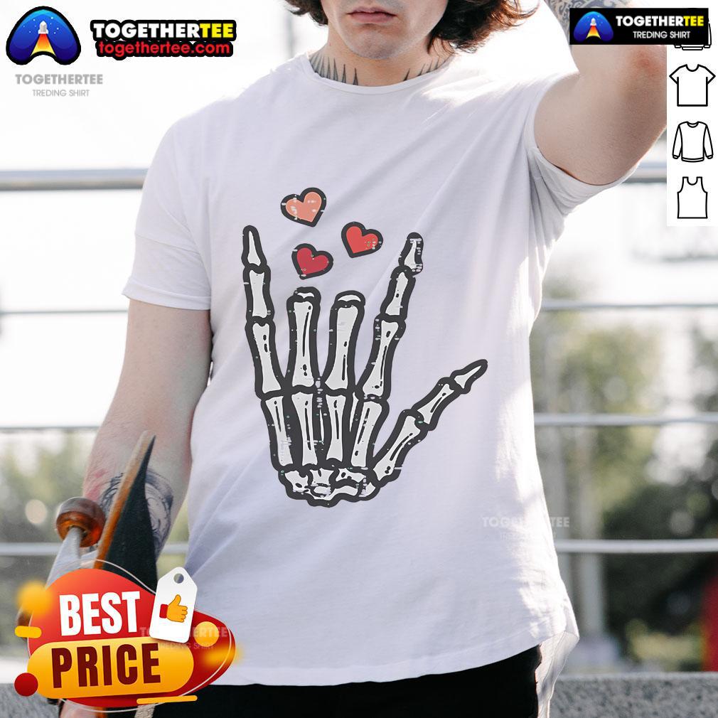 Good Valentine's Day skeleton hand love t-shirt featuring a creative design perfect for spooky romance enthusiasts.