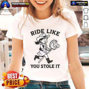 Happy cowgirl riding a hobby horse in a playful tee, showcasing the fun of hobby horsing. Perfect for horse lovers!