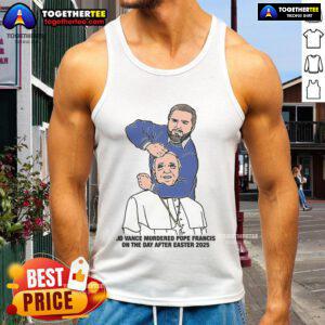 Illustration of JD Vance in a tank top, referencing the fictional event of him murdering Pope Francis on Easter 2025.