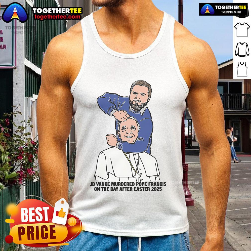 Illustration of JD Vance in a tank top, referencing the fictional event of him murdering Pope Francis on Easter 2025.