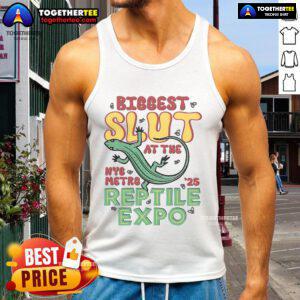 Model wearing 'Nice Biggest Slut' tank top at the Reptile Expo, showcasing vibrant colors and unique style.