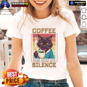 Retro ladies tee featuring a nice cat enjoying coffee, perfect for moments of silence and relaxation.