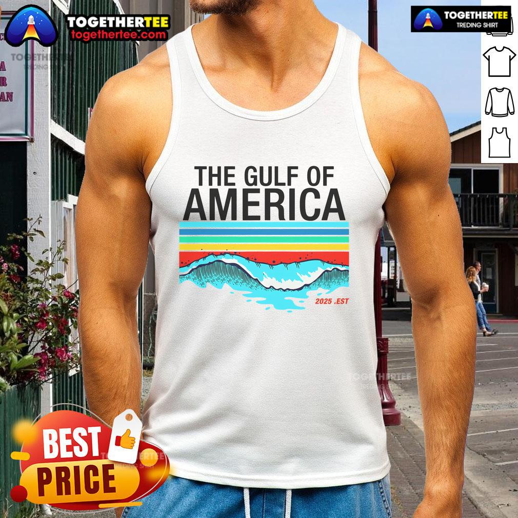 Colorful tank top featuring 'The Gulf of USA Est 2025' design, perfect for beachwear and summer outings.