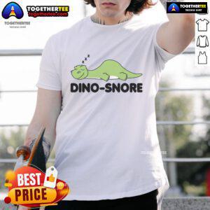 Alt Text: Cute sleeping dinosaur graphic on 'Nice Dino Snore' T-Shirt, perfect for dino lovers and comfy casual wear.