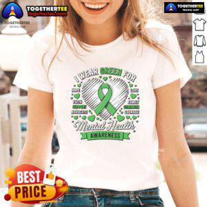 Nice green ribbon on a ladies tee for Mental Health Awareness Month, promoting support and awareness for mental health.