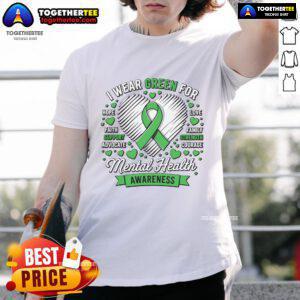 Nice green ribbon mental health awareness month support t-shirt displaying a vibrant design promoting mental health advocacy.
