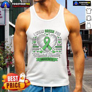 Green ribbon tank top for Mental Health Awareness Month, promoting support and awareness for mental health initiatives.