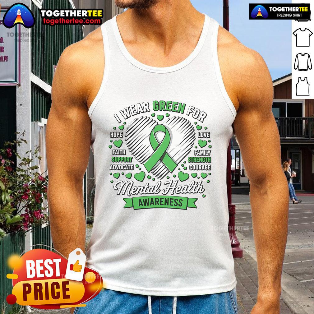 Green ribbon tank top for Mental Health Awareness Month, promoting support and awareness for mental health initiatives.