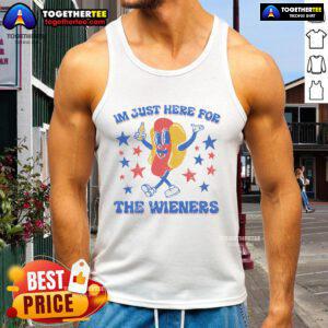 Funny 4th of July hot dog tank top featuring 'I'm Just Here for the Wieners' slogan, perfect for summer BBQs.