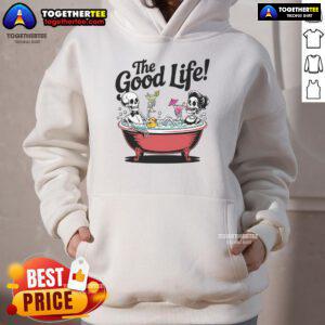 Alt Text: Skeletons in a bathtub enjoying a vacation, wearing 'Nice Living The Good Life' hoodies, embracing fun and relaxation.