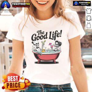 Skeletons in a bathtub enjoying a vacation, featured on the 'Nice Living The Good Life' ladies tee design.