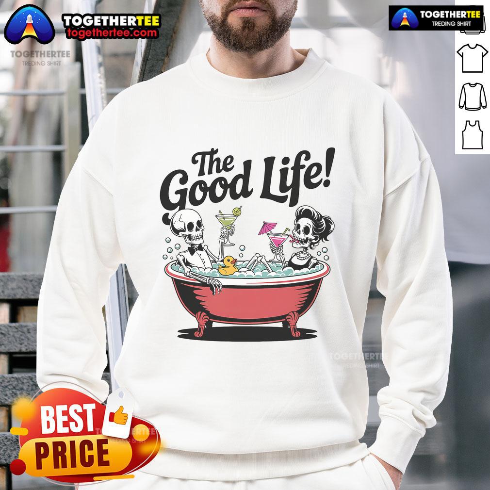 Skeletons enjoying the good life in a bathtub, sipping drinks in a vacation sweatshirt, embodying fun and relaxation.