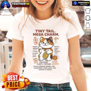 Alt Text: Cartoon of a lucky charm Japanese Bobtail cat on a ladies tee, perfect for cat lovers and lucky charm enthusiasts.