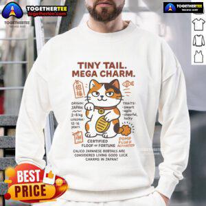 Cute Japanese Bobtail cat cartoon on a sweatshirt, featuring a lucky charm design perfect for cat lovers.