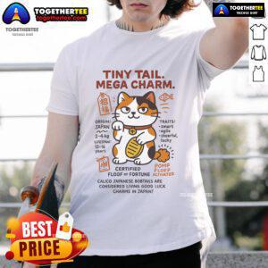 Cartoon Japanese Bobtail cat wearing a lucky charm on a stylish T-shirt, perfect for cat lovers and charm enthusiasts.