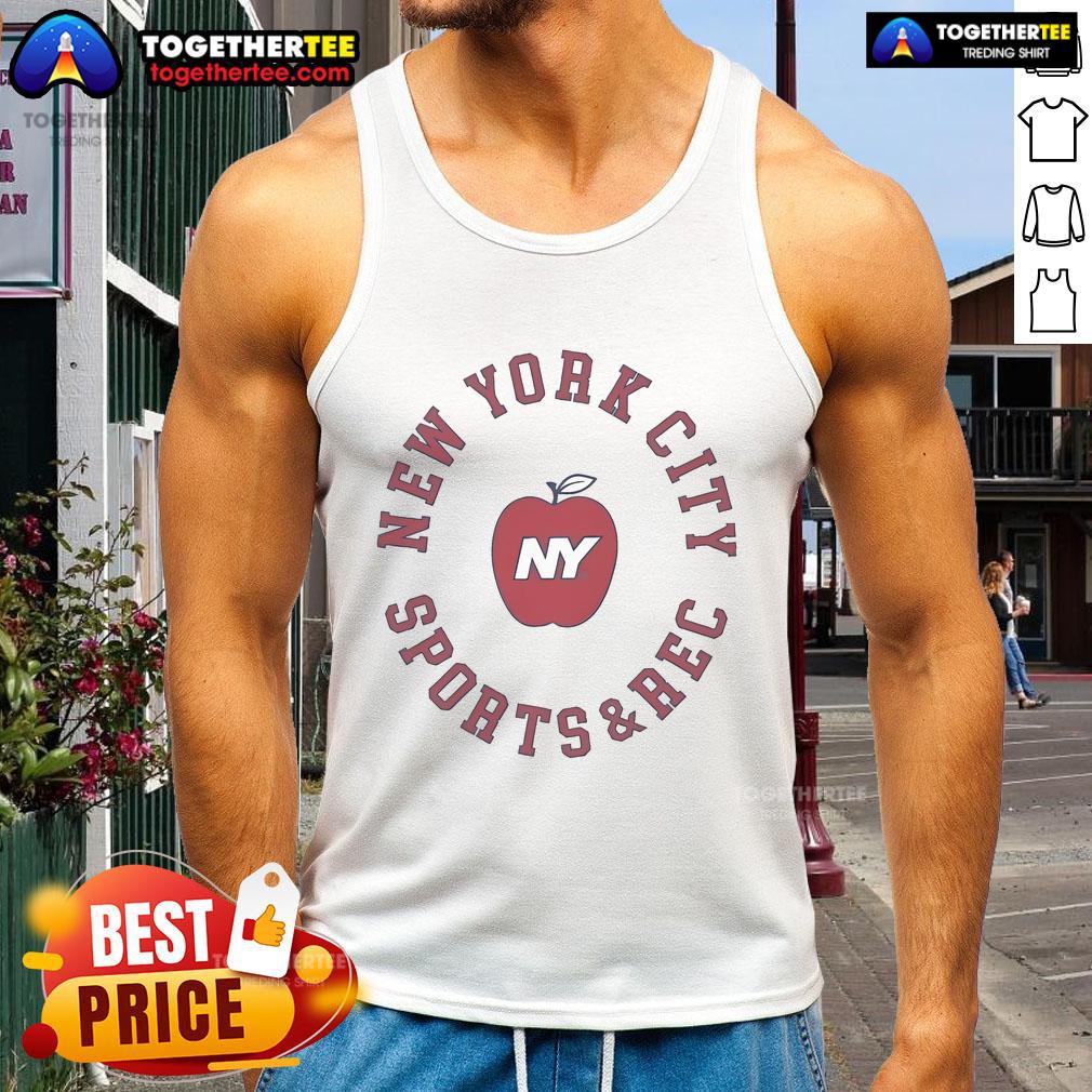 Stylish Nice New York City sports rec apple tank top displayed on a mannequin in a vibrant urban setting.