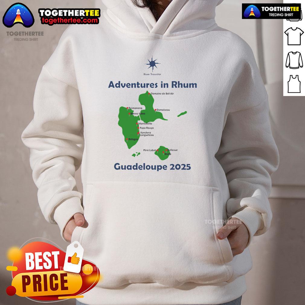 Nice Rum Traveler Guadeloupe 2025 hoodie featuring vibrant design and tropical beach backdrop, perfect for island enthusiasts.