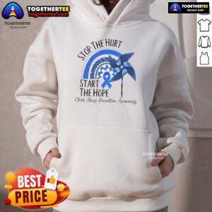 Child Abuse Prevention Awareness hoodie with 'Stop The Hurt, Start The Hope' slogan, promoting support and hope.