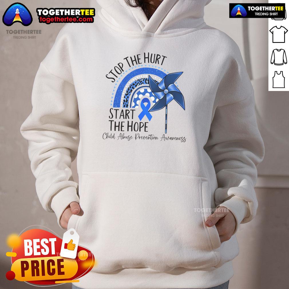 Child Abuse Prevention Awareness hoodie with 'Stop The Hurt, Start The Hope' slogan, promoting support and hope.