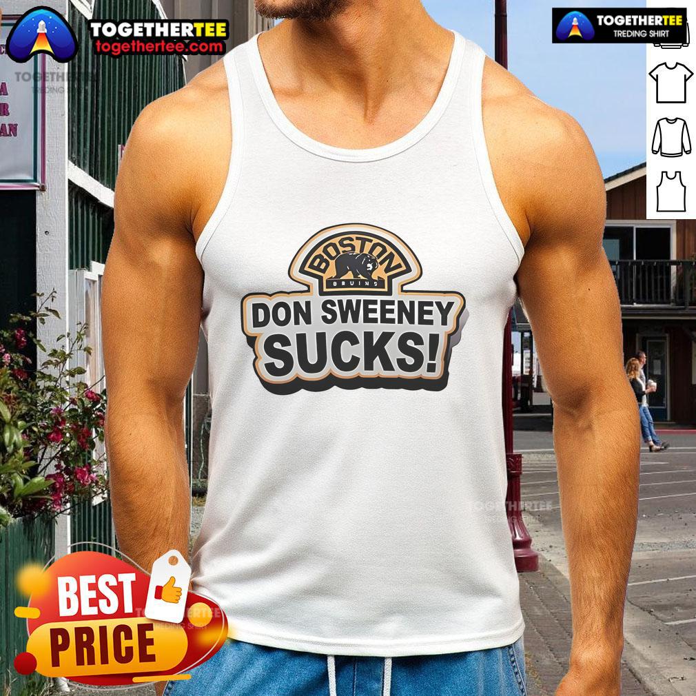 Official Boston Bruins Don Sweeney Sucks Tank Top featuring bold graphics, perfect for fans showing team spirit.