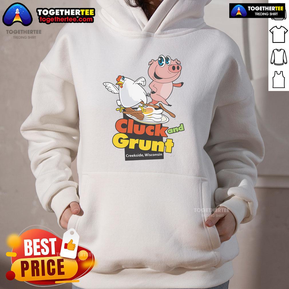 Alt Text: Classic American diner hoodie from The Cluck And Grunt in Creekside, Wisconsin, featuring a stylish design.