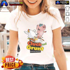 Official Classic American Diner The Cluck And Grunt tee for ladies, showcasing vintage diner style in Creekside, Wisconsin.