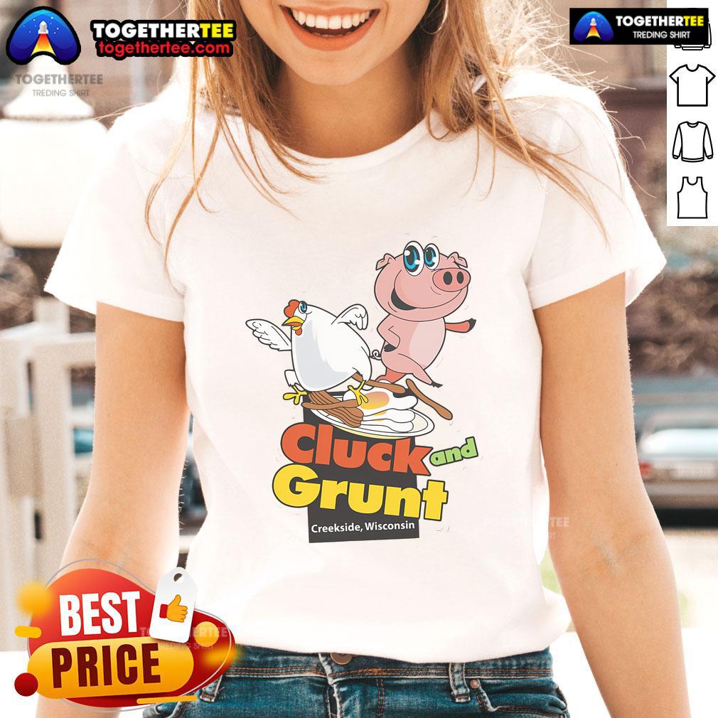Official Classic American Diner The Cluck And Grunt tee for ladies, showcasing vintage diner style in Creekside, Wisconsin.