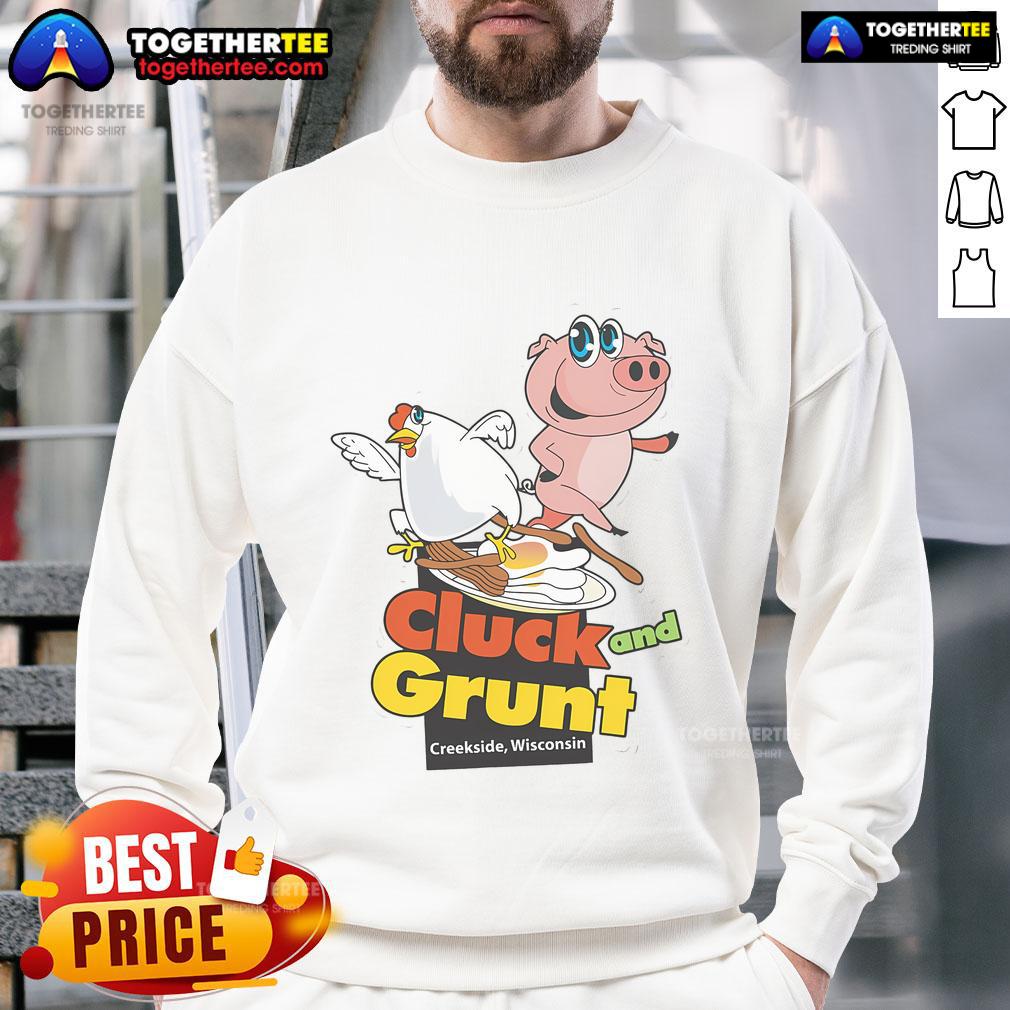 Cozy sweatshirt featuring The Cluck and Grunt diner logo, a classic American diner in Creekside, Wisconsin.