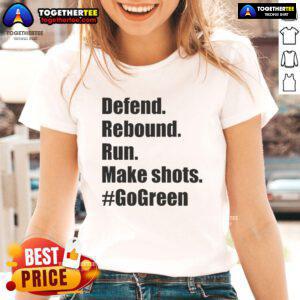 Alt Text: Official Defend Rebound Run Make Shots GoGreen Ladies Tee in vibrant green, perfect for sports enthusiasts.