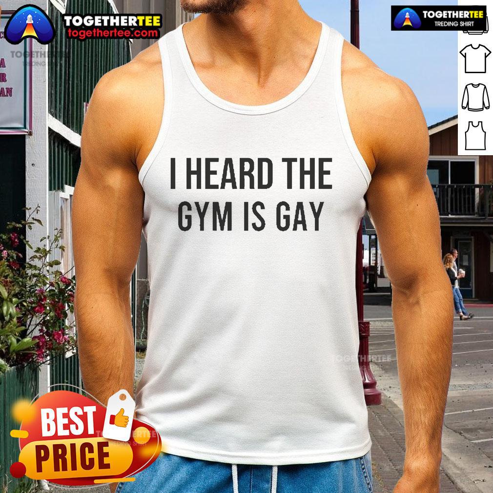 Official Demir Basceri 'I Heard The Gym Is Gay' tank top featuring bold text and a stylish design for fitness enthusiasts.