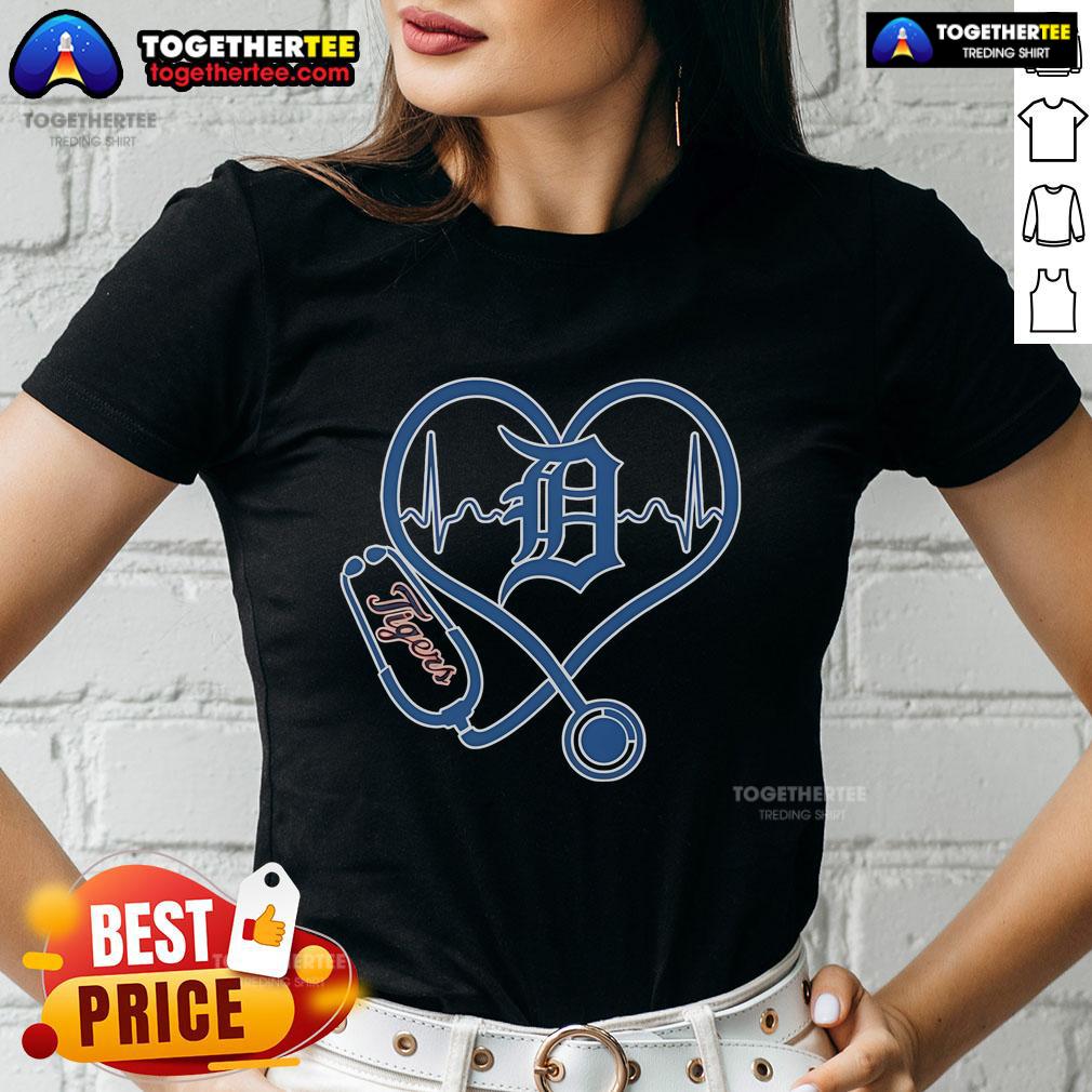 Official Detroit Tigers Caring Hearts Nurses Ladies Tee featuring team logo and heart design for nurses.