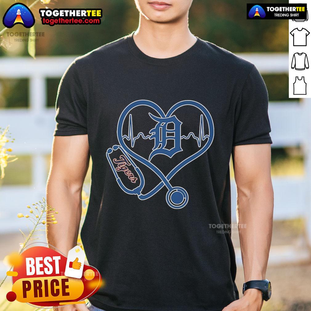 Official Detroit Tigers Caring Hearts Nurses T-Shirt featuring team logo and heart design, perfect for dedicated healthcare supporters.