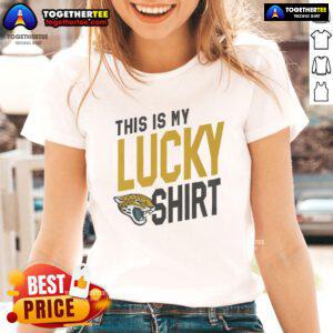 Alt Text: Official Jacksonville Jaguars This Is My Lucky Ladies Tee in vibrant colors, perfect for female fans showing team spirit.