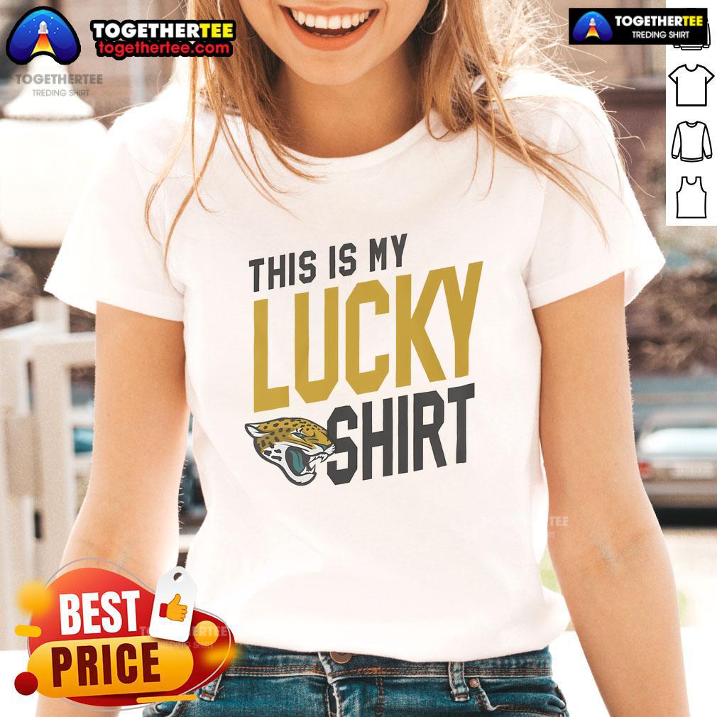 Alt Text: Official Jacksonville Jaguars This Is My Lucky Ladies Tee in vibrant colors, perfect for female fans showing team spirit.