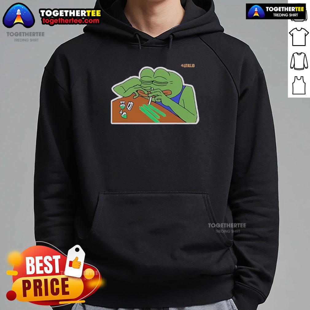 Official Litas.io Pepe Addict Hoodie featuring a vibrant Pepe the Frog design, perfect for casual streetwear style.