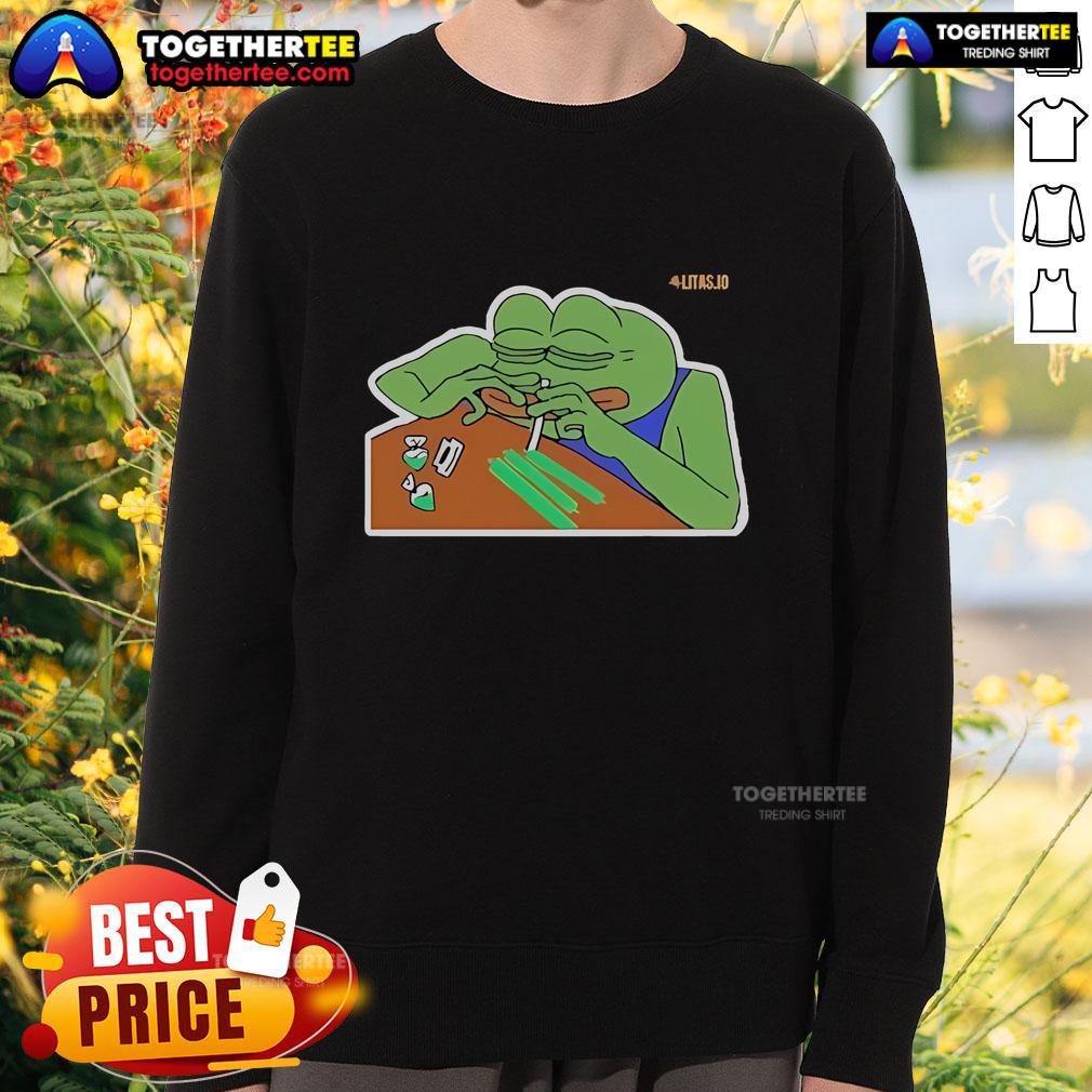 Official Litas.io Pepe Addict Sweatshirt featuring vibrant Pepe the Frog design, perfect for meme enthusiasts and casual wear.