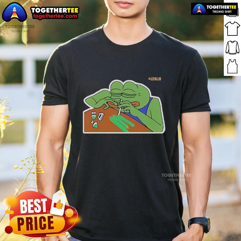 Official Litas.Io Pepe Addict T-Shirt featuring vibrant Pepe the Frog design, perfect for meme lovers and casual wear.