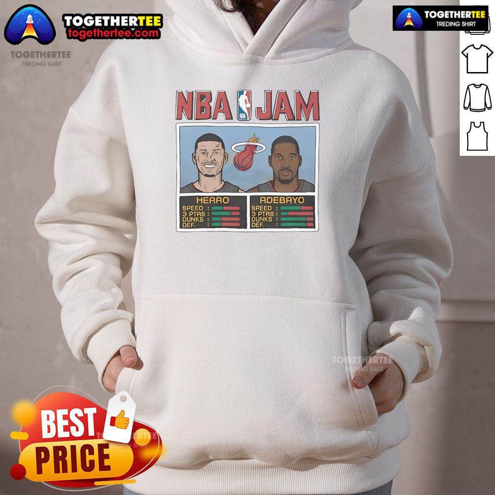 Official NBA Jam hoodie featuring players Tyler Herro and Bam Adebayo, perfect for Miami Heat fans and streetwear enthusiasts.
