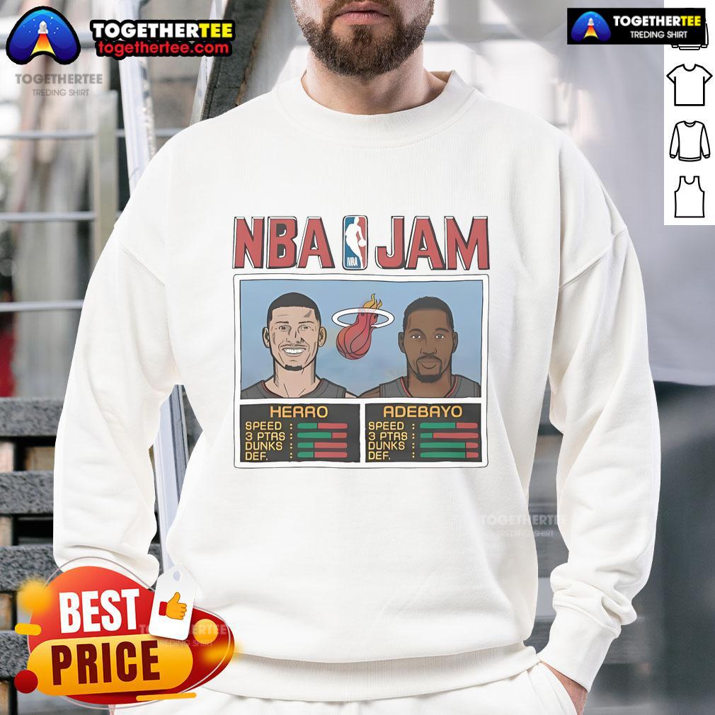 Official NBA Jam sweatshirt featuring Tyler Herro and Bam Adebayo, perfect for Miami Heat fans and basketball enthusiasts.