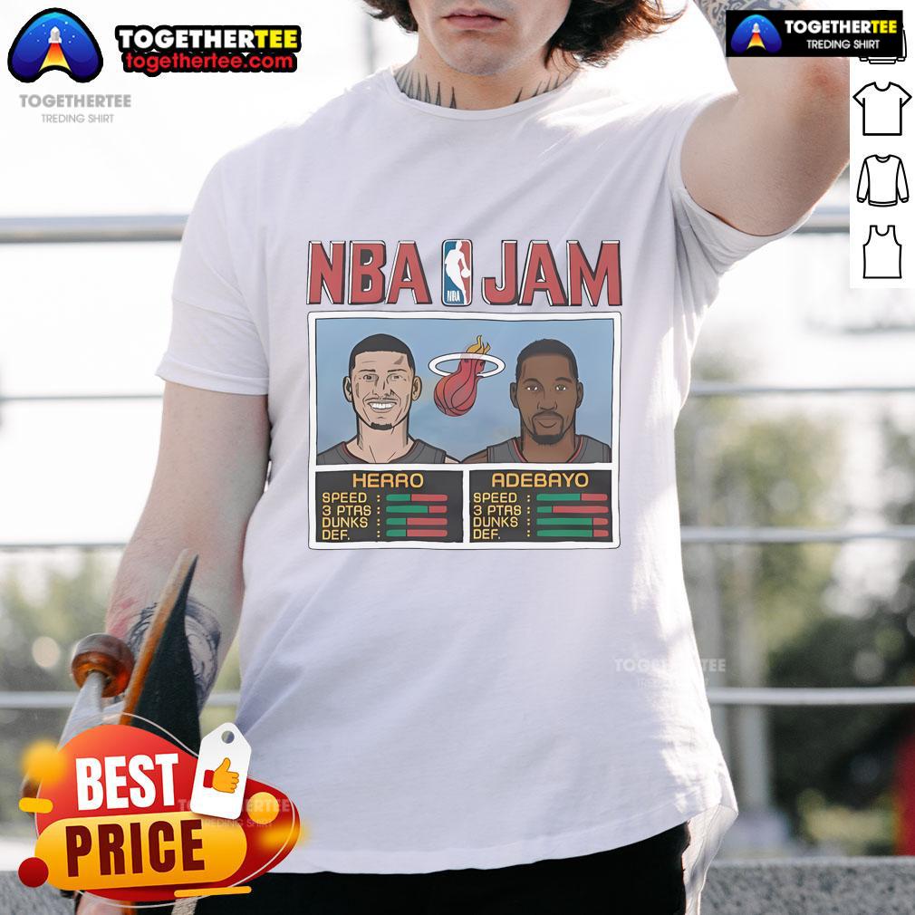 Official NBA Jam Herro and Adebayo T-Shirt featuring vibrant graphics and team colors, perfect for Miami Heat fans.