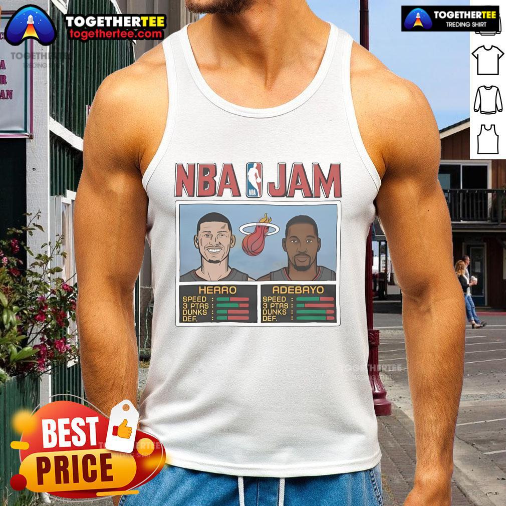 Alt Text: Official NBA Jam Hero and Adebayo tank top featuring bold graphics for basketball fans and Miami Heat supporters.