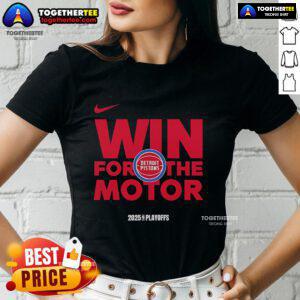 Official NBA Playoffs win for the Motor Detroit Pistons 2025 ladies tee featuring team colors and logo.