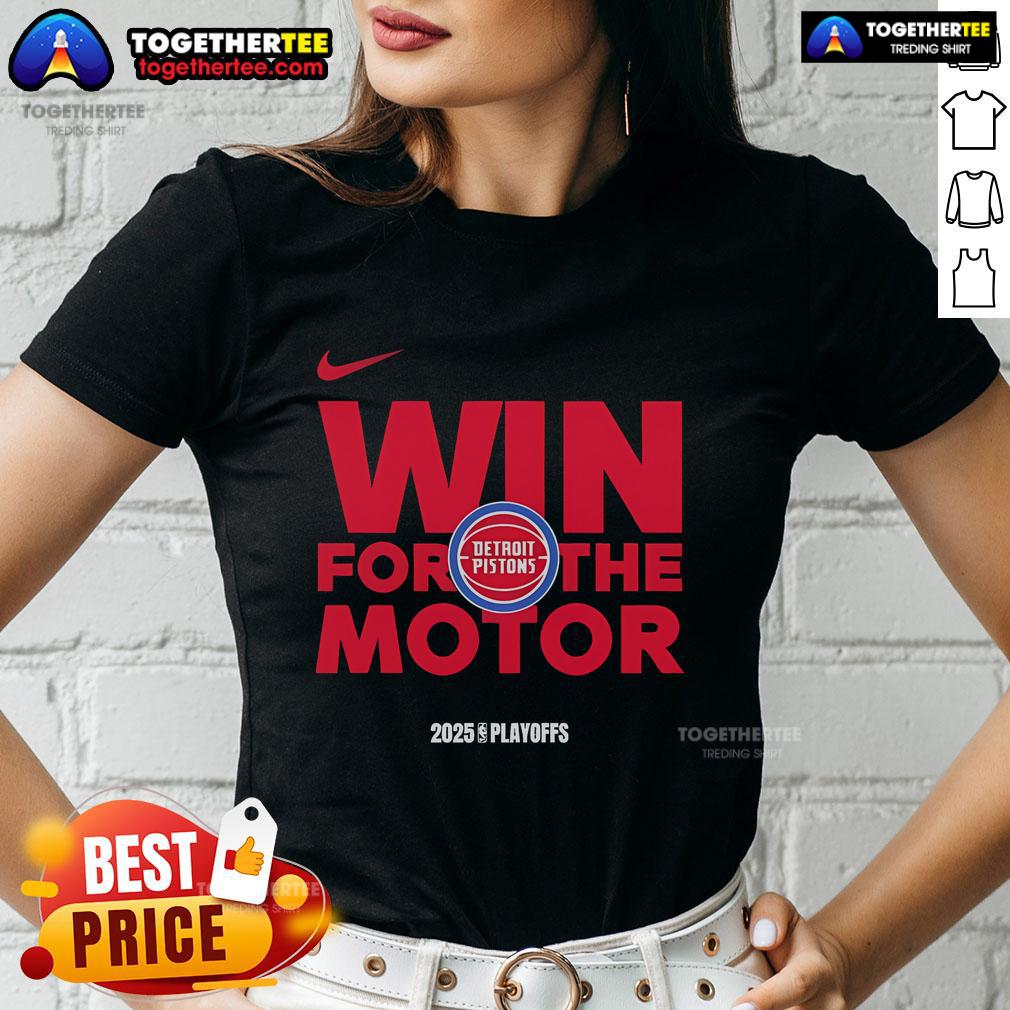 Official NBA Playoffs win for the Motor Detroit Pistons 2025 ladies tee featuring team colors and logo.