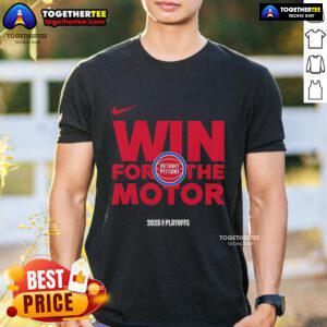 Official NBA Playoffs Win T-Shirt for Detroit Pistons 2025 featuring team logo and vibrant colors celebrating victory.