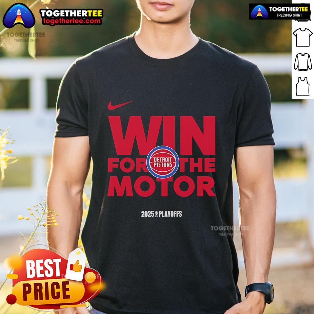 Official NBA Playoffs Win T-Shirt for Detroit Pistons 2025 featuring team logo and vibrant colors celebrating victory.