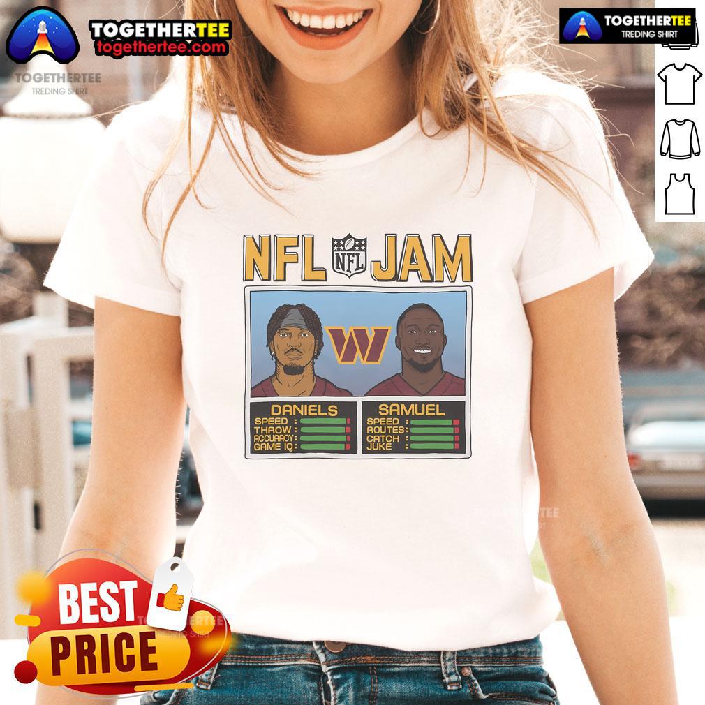 Alt Text: Official NFL Jam Commanders Ladies Tee featuring players Daniels and Samuel, perfect for fans and stylish game day wear.