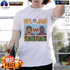 Alt Text: Official NFL Jam Commanders T-Shirt featuring Daniels and Samuel, perfect for fans of the Washington Commanders.